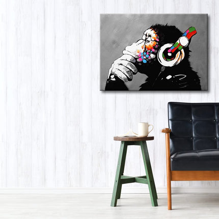 Wieco Art Monkey With Headphones Banksy Graffiti Art Abstract Canvas Painting Posters and Prints Animal Canvas Wall Art for Wall Decor and Home