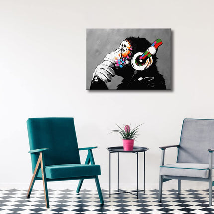 Wieco Art Monkey With Headphones Banksy Graffiti Art Abstract Canvas Painting Posters and Prints Animal Canvas Wall Art for Wall Decor and Home