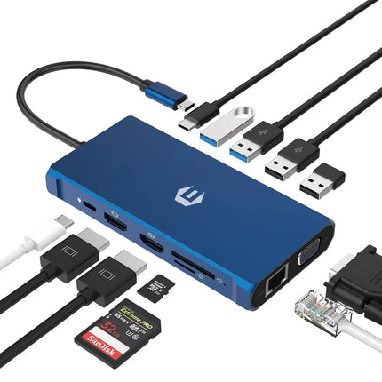 12-in-1 USB-C Docking Station Triple Display HDMI DP VGA GB Ethernet PD Hub Blue