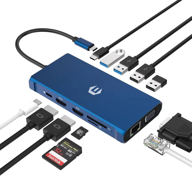 12-in-1 USB-C Docking Station Triple Display HDMI DP VGA GB Ethernet PD Hub Blue