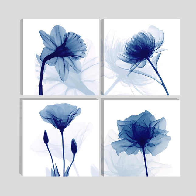 Wieco Art Large Blue Flickering Flower Modern Abstract Paintings Canvas Wall Art Grace Floral Pictures on Canvas Print 4 Panels Artwork for Living