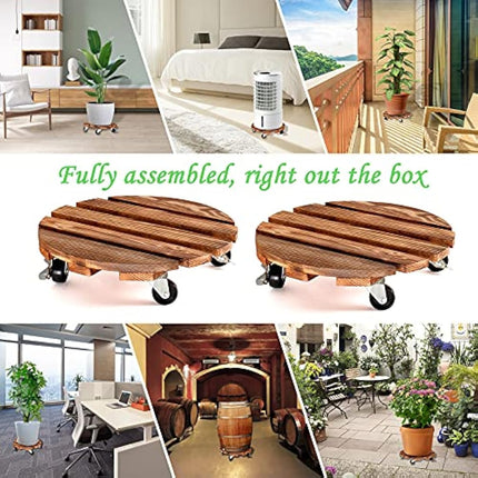 2 Pack Plant Caddy Wooden Plant Stand with Wheels 12 Inch-30 CM Round Plant Roller with Metal Lockable Caster Wheels Heavy Duty Rolling Plant Stand Plant Dolly