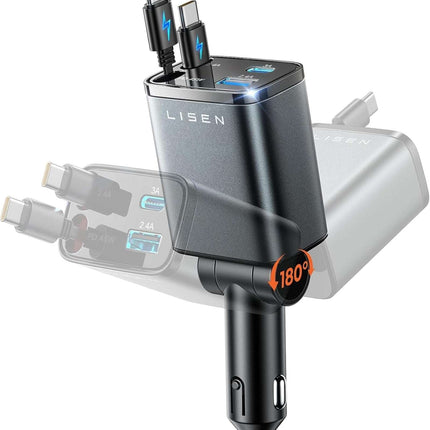 LISEN 84W Retractable USB C Car Charger for iPhone Samsung iPad Fast Charge