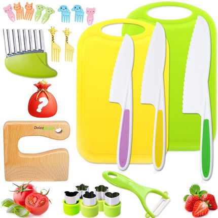 Doaizer Kids Knife Proof Kitchen Tools for Toddlers Real Cooking Sets - Kids Safe Knives Set with Plastic Toddler Safe Knife Fruit Vegetable Crinkle