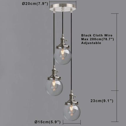3 Light Pendant Chandelier Vintage Industrial Globe Glass E27 Phansthy