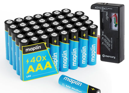 Maplin 40x AAA LR03 7 Year Shelf Life 1.5V High Performance Alkaline Batteries with Universal Battery Tester