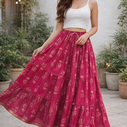 Blackfever Elegant Pink Printed Tiered Skirt – Free Size