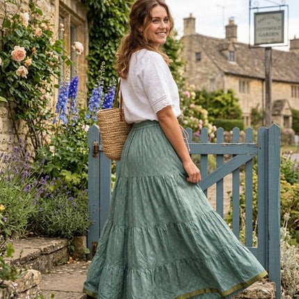 Blackfever Women's Sage Green Maxi Skirt - 100% Cotton with Gold Print