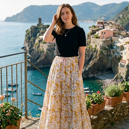 Blackfever Women's Tiered Floral Maxi Skirt - 100% Cotton, Mustang Yellow & White