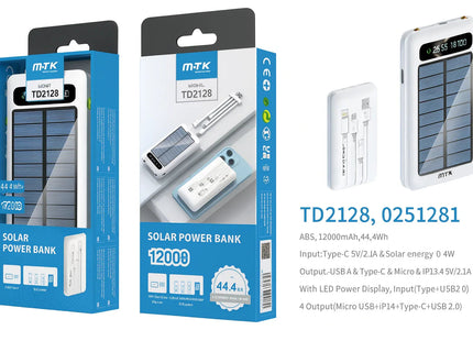 12000mAh Power Bank with Solar Panel Micro USB, iPhone, Type-C, and USB With LED
