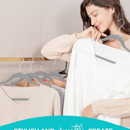 HOUSE DAY 60-Pack Grey Velvet Hangers, Non-Slip, Space-Saving, 360° Rotating