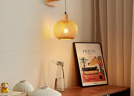Schindora Boho Bamboo Wall Light – Handwoven E27 Lamp Shade
