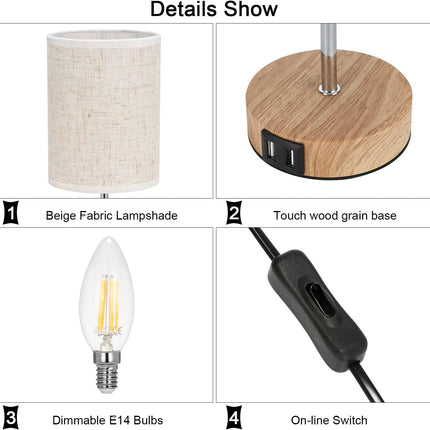Lightess 2x Touch Bedside Lamps with USB, E14 Bulbs, Fabric Shade – Wood Round