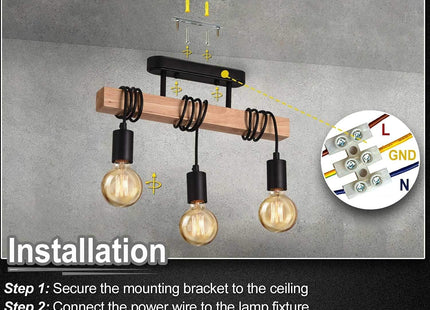 Lightess 3-Head Black Wood Pendant Light – Vintage Semi Flush Ceiling Fixture