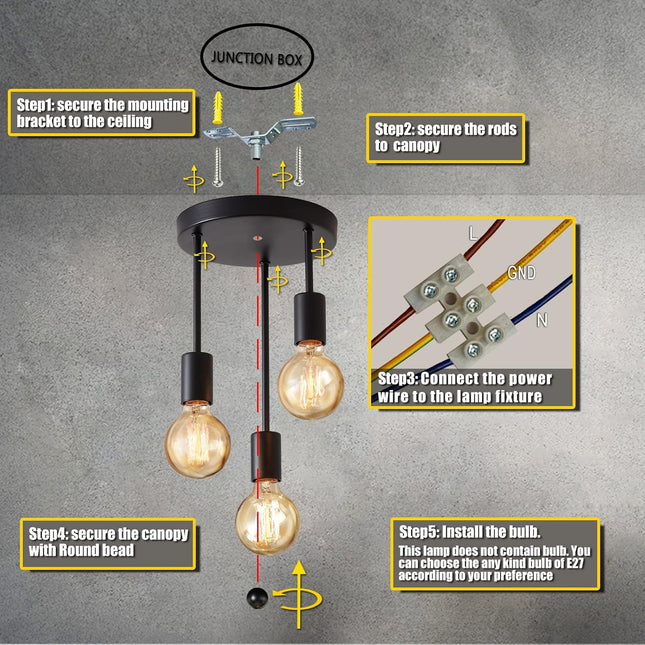 Lightsjoy 3-Way Black Ceiling Spotlight – Rustic E27 Pendant Light for Indoor