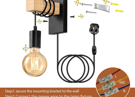 Lightess 2-Pack Plug-In Wall Lights – Dimmable Wood Sconces with Switch Black