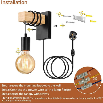 Lightess 2-Pack Plug-In Wall Lights – Dimmable Wood Sconces with Switch Black