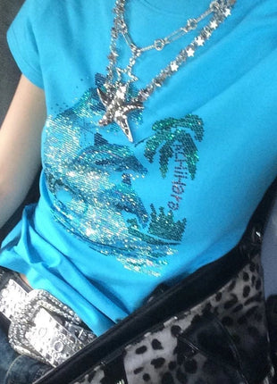 Blue Slim-fit Short-sleeve T-shirt Women's Summer Base Top