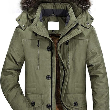 Mens Parka Jacket Winter Warm Fleece Coat With Fur Hood, Size M,Army Green