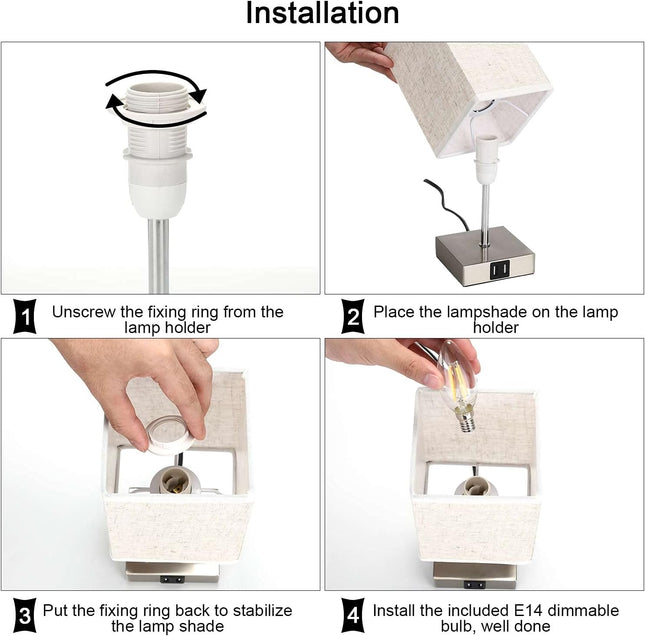 Lightess 2x Touch Bedside Lamps with USB, Dimmable, E14 Bulbs Included – White