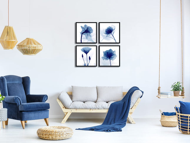 Wieco Art Black Framed 4 Panels Blue Flickering Flower Modern Canvas Wall Art Grace Floral Pictures on Canvas Prints for Bedroom Office Home