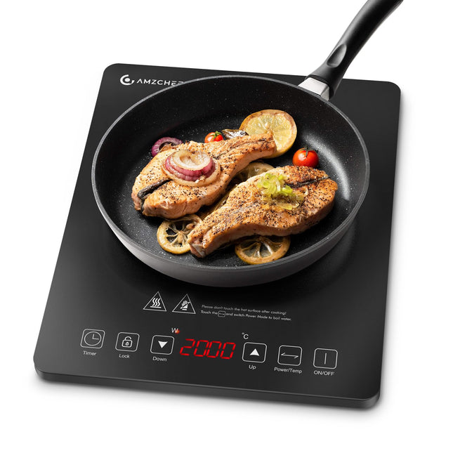 AMZCHEF Single Induction Hob, Portable Induction Hob with Slim Design of 4.45cm, 20 Power Levels and 20 Temperature Settings, Fashionable Black Glass