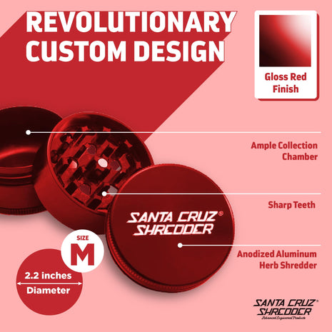 Santa Cruz Shredder Metal Herb Grinder Knurled Top for Stronger Grip 3-Piece Medium 2.2" (Red)