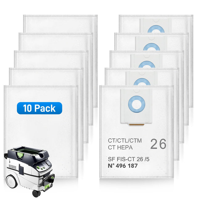 10 Pack 496187 Filter Bag for Festool Dust Extractor CT 26 / CTM 26 E/CTL 26 E Cleantec Series,Vacuum Dust Bag for Festool SC FIS-CT 26/5,