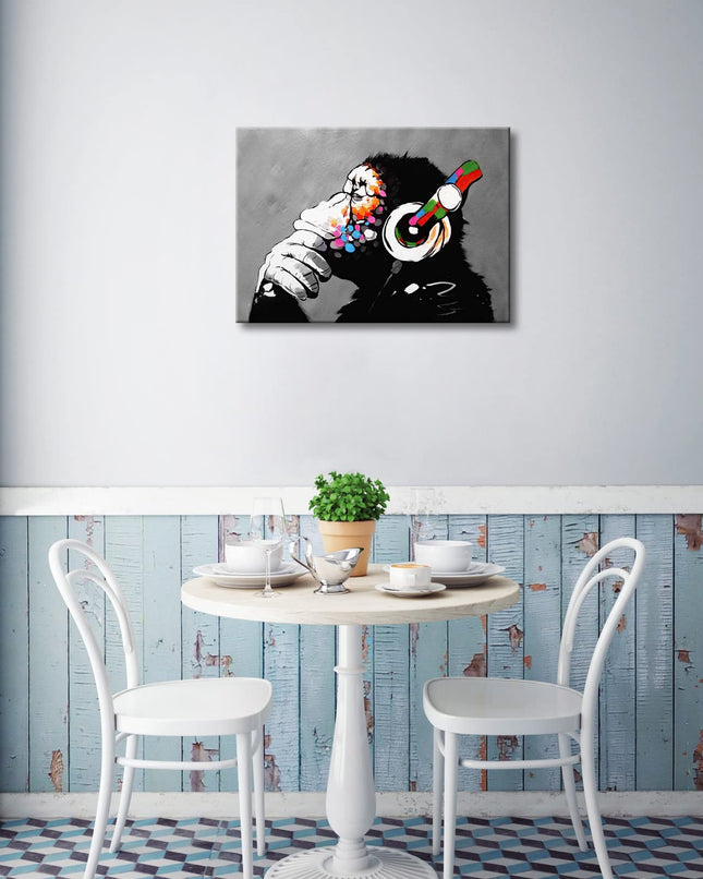 Wieco Art Monkey With Headphones Banksy Graffiti Art Abstract Canvas Painting Posters and Prints Animal Canvas Wall Art for Wall Decor and Home