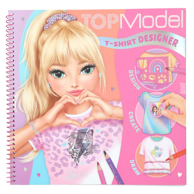 Depesche 13585 TOPModel T-Shirt Designer Colouring Book Set with 60 Pre-Printed Pages for Designing T-Shirts, Includes 2 Sticker Sheets, Stencil and