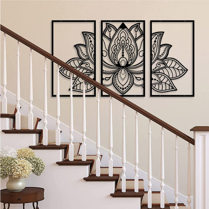 ESTART Large Lotus Flower Metal Wall Art 3-piece Set, Religion Faith Mandala Home Wall Decoration for Living Room, Bedroom, Office and Yoga Room