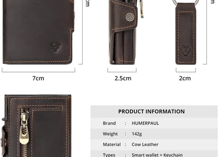 HUMERPAUL Folding Leather Smart Card Wallet Coin Pocket RFID Blocking & Keyring