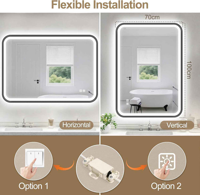 Bathroom LED Mirror 100x70 Anti Fog Dimmable IP44 Black Aluminum Frame S'bagno