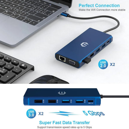12-in-1 USB-C Docking Station Triple Display HDMI DP VGA GB Ethernet PD Hub Blue