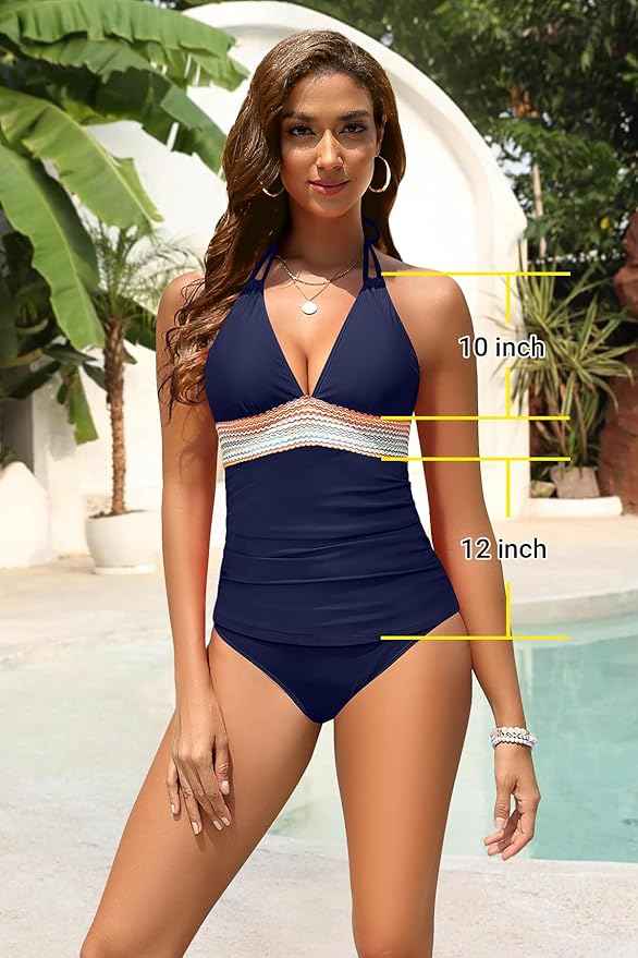 Womens Swimsuit Two Piece Tankini Tummy Control Halter Navy Size M Kate Kasin