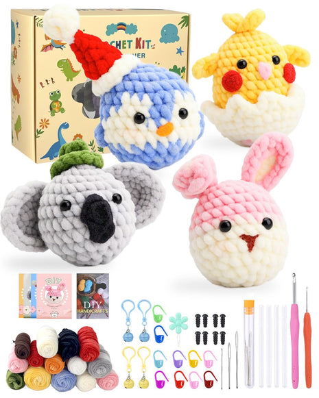 4 Pcs Crochet Kit for Beginners, Complete Animal Crochet Kits with Step by Step Instructions, Video Tutorials, Perfect Soft Crochet Yarn Kit for Kids