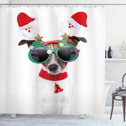 ABAKUHAUS Christmas Shower Curtain, Funny Puppy Jack Russel Dog Hilarious Sunglasses Santa and Bell, Cloth Fabric Bathroom Decor Set with Hooks, 175 x