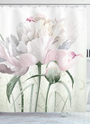 ABAKUHAUS Flower Shower Curtain, Floral Pink Roses Tulips Abstract Garden Leaves with Petals and Buds Detailed Print Image, Cloth Fabric Bathroom