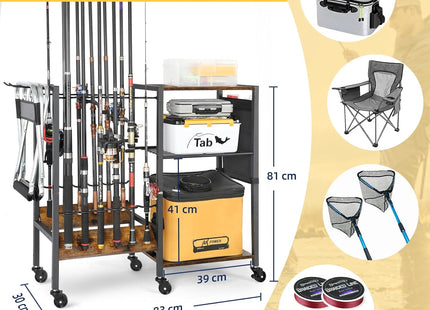 Fishing Rod Holder Organizer, Store 12 Rods, Tackle Cart for Garage & Home