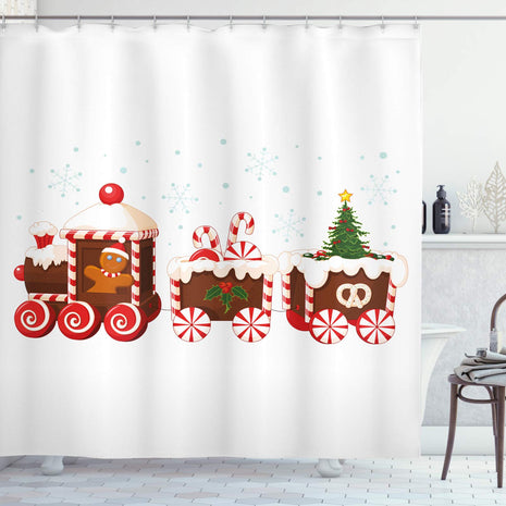 ABAKUHAUS Christmas Shower Curtain, Train Gingerbread Cream Candy Cartoon Toys Snowflakes Presents, Cloth Fabric Bathroom Decor Set with Hooks, 175 x