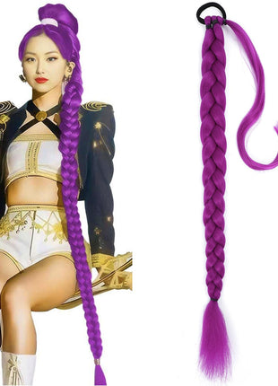 36 Inch Purple Hair Extensions, Pre-Braids purple Braiding Hair for Cosplay Halloween Stage Performances Ponytail Extension with Elastic Tie (purple,