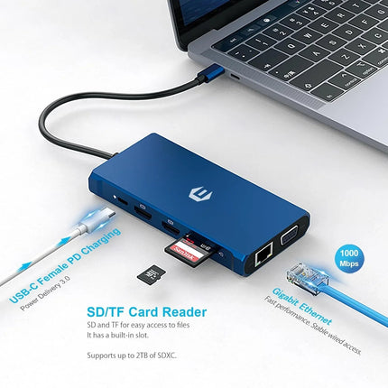 12-in-1 USB-C Docking Station Triple Display HDMI DP VGA GB Ethernet PD Hub Blue