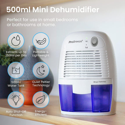 Pro Breeze Dehumidifier 500ml Tank Portable for Damp Mould Moisture Ultra-Quiet