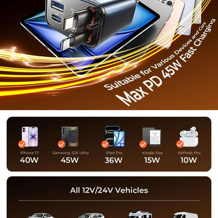 LISEN 84W Retractable USB C Car Charger for iPhone Samsung iPad Fast Charge