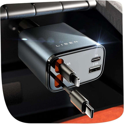 LISEN 84W Retractable USB C Car Charger for iPhone Samsung iPad Fast Charge