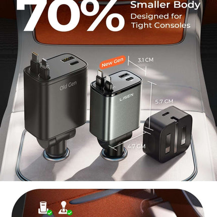 LISEN 84W Retractable USB C Car Charger for iPhone Samsung iPad Fast Charge