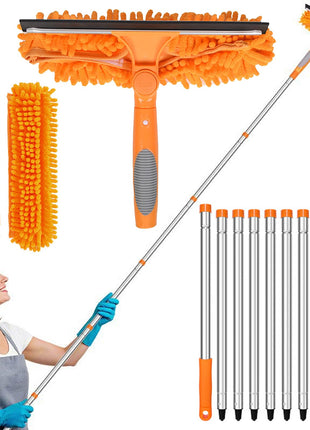 385CM Window Squeegee Cleaning Equipment,with Long Handle, 2 in 1 Extendable Window Cleaning Kit with Squeegee and Microfiber Cloth for Indoor/Outdoor