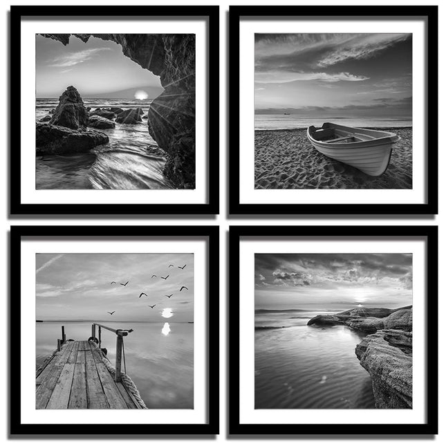 Black And White Wall Art - Sea And Beach In Sunrise Prints Wooden Framed 12x12 Inches Pictures Seascape Artwork 4PCS Boat Scenery Card Paper Paintings