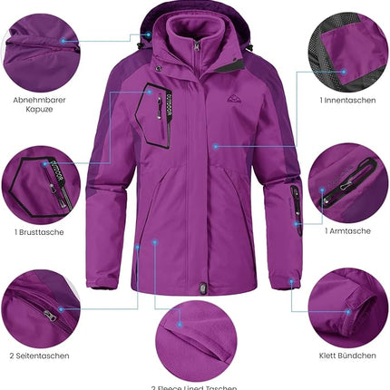 Women's Winter Ski Coat Jacket 3-in-1  Waterproof, Windproof, Warm, Purple Size S