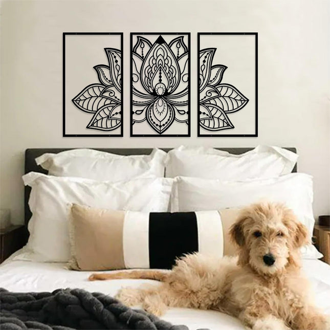 ESTART Large Lotus Flower Metal Wall Art 3-piece Set, Religion Faith Mandala Home Wall Decoration for Living Room, Bedroom, Office and Yoga Room